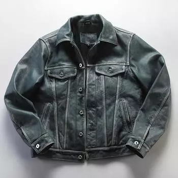 Мужская куртка из натуральной кожи с несколькими карманами и лацканами из плотного стираного синего денима L джинсовый синий