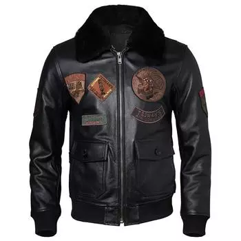 Китайский размер мужская куртка из натуральной кожи стеганые заплатки 100% коровья кожа и натуральный мех воротник летное пальто одежда летчика зимняя азиатский размер M613 XXL черный кожаный жакет