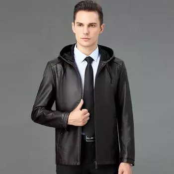 Мужская куртка из натуральной кожи. Высококачественный осенне-зимний топ, мотоциклетная кожаная куртка с капюшоном, повседневное мужское пальто среднего возраста. 4XL