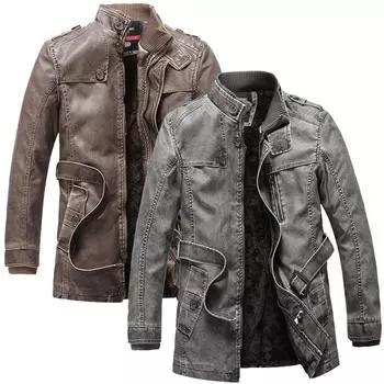 Мужская куртка из натуральной кожи в стиле ретро с воротником-стойкой, кожаная куртка, бархатное пальто средней и длинной длины из тонкой искусственной кожи M