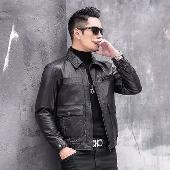 Мужская куртка из натуральной кожи, весна-осень, новый стиль, куртка из коровьей кожи с покрытием из масла и воска, деловой повседневный, с лацканами, приталенный крой M