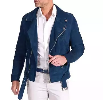 Мужская куртка из натуральной мягкой замши темно-синего цвета для мотоциклистов и байкеров S синий