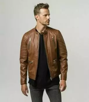 Мужская куртка из натуральной овчины коричневого цвета, стильная, ручной работы, байкерская, мотоциклетная XS коричневый