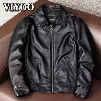 Мужская куртка из натуральной яловой кожи, черная винтажная классическая тонкая мотоциклетная куртка для мужчин, S-5XL