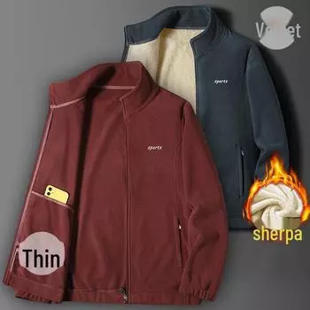 Мужская куртка из овчины и флиса с воротником-стойкой - утолщенный бархат для осени/зимы, свободный крой, большой размер, подходит для людей среднего возраста и молодых людей M светло-зеленый