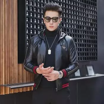 Мужская куртка из овчины с капюшоном — повседневная, легкая, идеально подходит для весны и осени XL чёрный