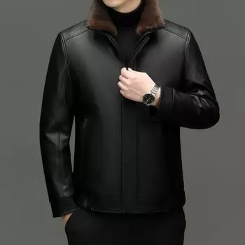 Мужская куртка из пуховой кожи Мужская зимняя куртка из натуральной кожи с бархатом Утолщенная съемная подкладка Модная теплая одежда для папы 170