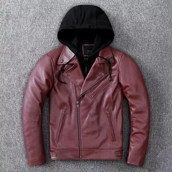 Мужская куртка из воловьей кожи первого слоя, мотоциклетная куртка с облегающими лацканами, съемная куртка с капюшоном S