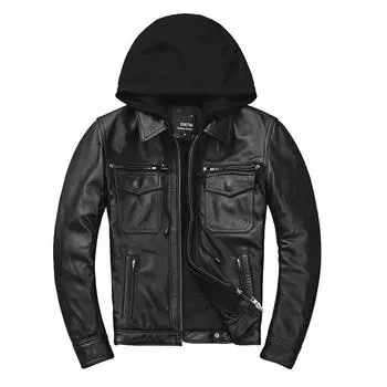 Мужская куртка из воловьей кожи первого слоя, мужская мотоциклетная куртка с тонкими лацканами и съемным капюшоном, утолщенная куртка S чёрный