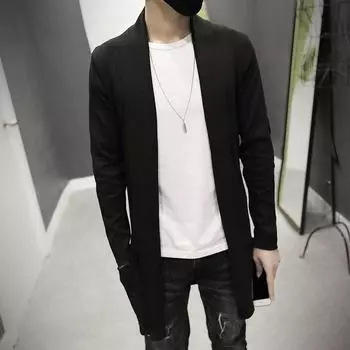 Мужская куртка-кардиган без пуговиц, длинное вязаное пальто, кардиган, пальто, однотонный свитер, пальто, осенняя вязаная куртка XS серый