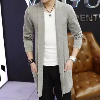 Мужская куртка-кардиган без пуговиц, длинное вязаное пальто, кардиган, пальто, однотонный свитер, пальто, осенняя вязаная куртка XXXXL чёрный