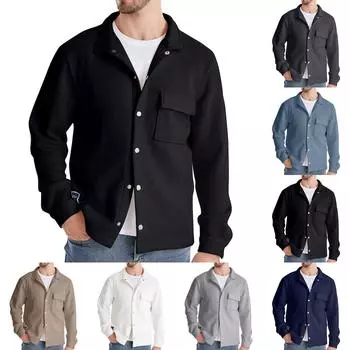 Мужская куртка-кардиган с длинным рукавом и лацканами, мужская однотонная верхняя одежда с карманами L чёрный