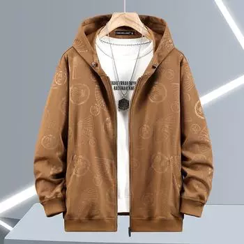 Мужская куртка-кардиган с капюшоном, весна-осень, увеличенного размера, свободная куртка на молнии с капюшоном и модным принтом 10XL коричневый