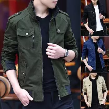 Мужская куртка-карго с воротником-стойкой и длинным рукавом, множеством карманов, однотонная куртка L чёрный