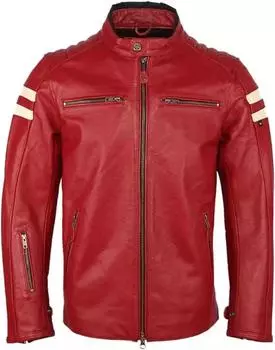 Мужская куртка Красная овчина Байкер Мотоциклетная Белая полоса Стильная Натуральная кожа Ручная работа S