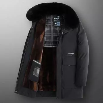 Мужская куртка на хлопковой подкладке для молодежи и среднего возраста, бархатное и теплое зимнее пальто с меховым воротником и длинная куртка на хлопковой подкладке XL темно-синий