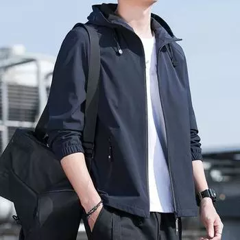 Мужская куртка на молнии с карманом на молнии, свободный однотонный свободный кардиган с капюшоном и длинным рукавом L синий