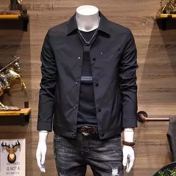 Мужская куртка, новая весна и осень, модный корейский стиль, красивая и универсальная, тонкая повседневная рабочая куртка с лацканами M чёрный