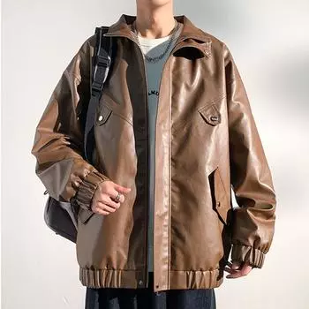 Мужская куртка, однотонная облегающая куртка из искусственной кожи с длинным рукавом, модные повседневные куртки, уличная одежда 2023, мужские куртки на молнии в стиле панк, M-5XL M чёрный