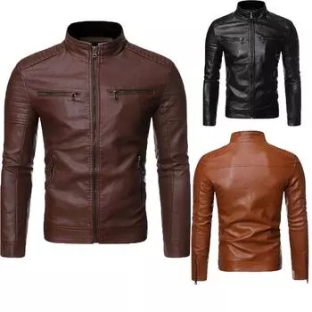 Мужская куртка однотонные кожаные куртки мужские с воротником-стойкой тонкие куртки с несколькими карманами мужские винтажные классические кожаные куртки M коричневый