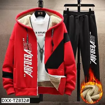 Мужская куртка осень и зима плюс бархатный толстый спортивный костюм из овечьей шерсти, комплект из двух предметов L красный