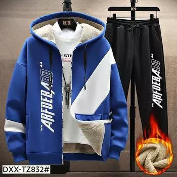 Мужская куртка осень и зима плюс бархатный толстый спортивный костюм из овечьей шерсти, комплект из двух предметов M чёрный