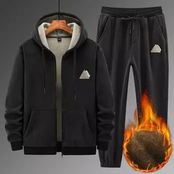 Мужская куртка осень и зима плюс бархатный толстый спортивный костюм из овечьей шерсти, комплект из двух предметов XXXXL чёрный