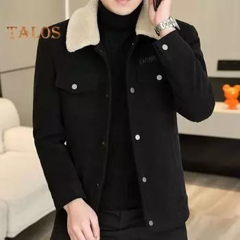 Мужская куртка, пальто, однотонная, с лацканами, застежкой на пуговицы, повседневная куртка, утолщенная бархатная подкладка, верхняя одежда, повседневная одежда L чёрный