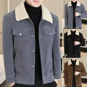 Мужская куртка, пальто, однотонная, с лацканами, застежкой на пуговицы, повседневная куртка, утолщенная бархатная подкладка, верхняя одежда, повседневная одежда L коричневый