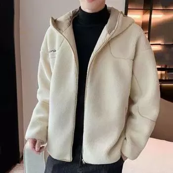 Мужская куртка, пальто с капюшоном, длинный рукав, вышитый буквенный принт, однотонное пальто, застежка-молния, толстый флис, теплая зимняя верхняя одежда 3XL бежевый