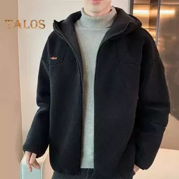 Мужская куртка, пальто с капюшоном, длинный рукав, вышитый буквенный принт, однотонное пальто, застежка-молния, толстый флис, теплая зимняя верхняя одежда 2XL бежевый