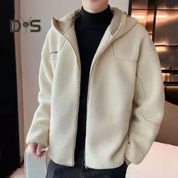 Мужская куртка, пальто с капюшоном, длинный рукав, вышитый буквенный принт, однотонное пальто, застежка-молния, толстый флис, теплая зимняя верхняя одежда 2XL чёрный