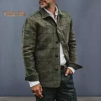 Мужская куртка, пальто с лацканами, длинный рукав, клетчатый принт, пальто с накладным карманом, однобортная, свободный крой, повседневная верхняя одежда S зелёный