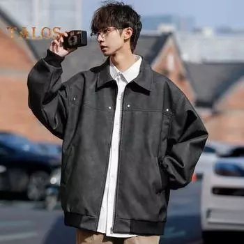 Мужская куртка, пальто с лацканами, длинный рукав, однотонное пальто с карманами, свободный крой, застежка-молния, универсальная верхняя одежда M коричневый