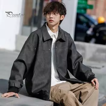 Мужская куртка, пальто с лацканами, длинный рукав, однотонное пальто с карманами, свободный крой, застежка-молния, универсальная верхняя одежда M чёрный