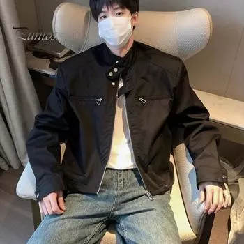 Мужская куртка, пальто, застежка-молния, однотонный цвет, два боковых кармана, короткая куртка, воротник-стойка, длинный рукав, уличная одежда M белый