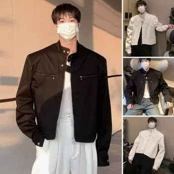 Мужская куртка, пальто, застежка-молния, однотонный цвет, два боковых кармана, короткая куртка M чёрный