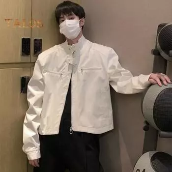 Мужская куртка, пальто, застежка-молния, однотонный цвет, два боковых кармана, короткая куртка, воротник-стойка, длинный рукав, уличная одежда M белый