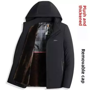 Мужская куртка Parker из хлопка для людей среднего и пожилого возраста, облегающая и повседневная, со съемным утеплителем и бархатным зимним капюшоном S чёрный