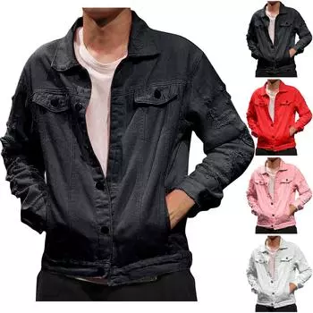 Мужская куртка, повседневная, однотонная, с пуговицами на лацканах, рваная куртка, кардиган, рабочая куртка M чёрный