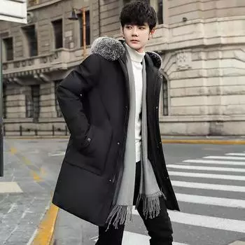 Мужская куртка-пуховик из белого утиного пуха средней длины с капюшоном, утепленная куртка, мужская хлопковая зимняя куртка 3XL чёрный