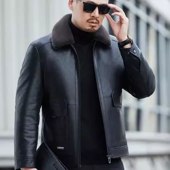 Мужская куртка-пуховик, кожаная куртка, мужская куртка из натуральной кожи, утепленная теплая куртка с лацканами на белом утином пуху, зимняя куртка M/170 чёрный