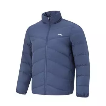 Мужская куртка-пуховик Li Ning Mens Fitness Series с воротником-стойкой, застежкой-молнией и логотипом, с длинными рукавами, темно-синего цвета AYMU563-10 2XL