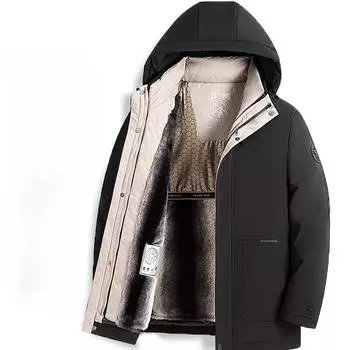 Мужская куртка-пуховик на осень и зиму с капюшоном на утином пуху, теплая, деловая, золотистого бархата, утолщенная, молодежная, холодная куртка 170 темно-синий