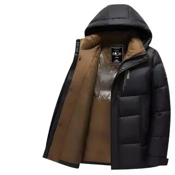 Мужская куртка-пуховик на осень и зиму с белым утиным пухом, теплая, с капюшоном, утолщенная, молодежная, холодная куртка 170 чёрный
