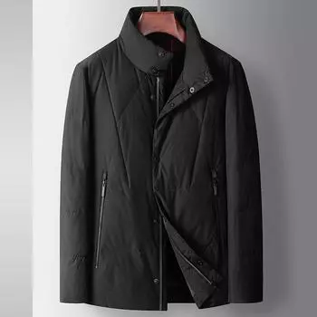 Мужская куртка-пуховик на осень и зиму, утолщенная, повседневная, 90% белого утиного пуха, воротник-стойка, для людей среднего возраста и молодежи, однотонная теплая куртка-пуховик M чёрный