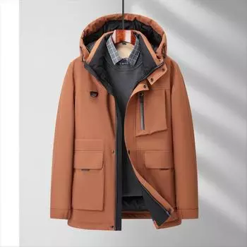 Мужская куртка-пуховик на осень и зиму с капюшоном средней и длинной длины из утиного пуха, термозащитная куртка для защиты от холода на открытом воздухе, утолщенная куртка-пуховик 170 чёрный