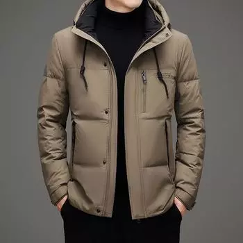 Мужская куртка-пуховик на осень и зиму с капюшоном из белого утиного пуха, однотонная, на молнии, деловая, повседневная, для молодежи и людей среднего возраста M