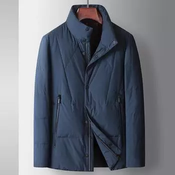 Мужская куртка-пуховик на осень и зиму, утолщенная, повседневная, 90% белого утиного пуха, воротник-стойка, для людей среднего возраста и молодежи, однотонная теплая куртка-пуховик M чёрный