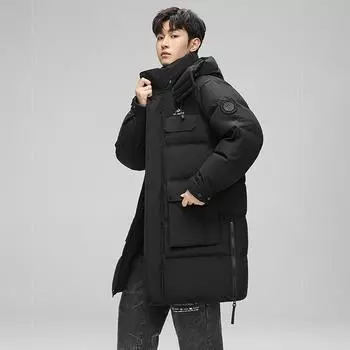 Мужская куртка-пуховик осень-зима новый модный тренд длинная толстая куртка с капюшоном и воротником-стойкой S чёрный